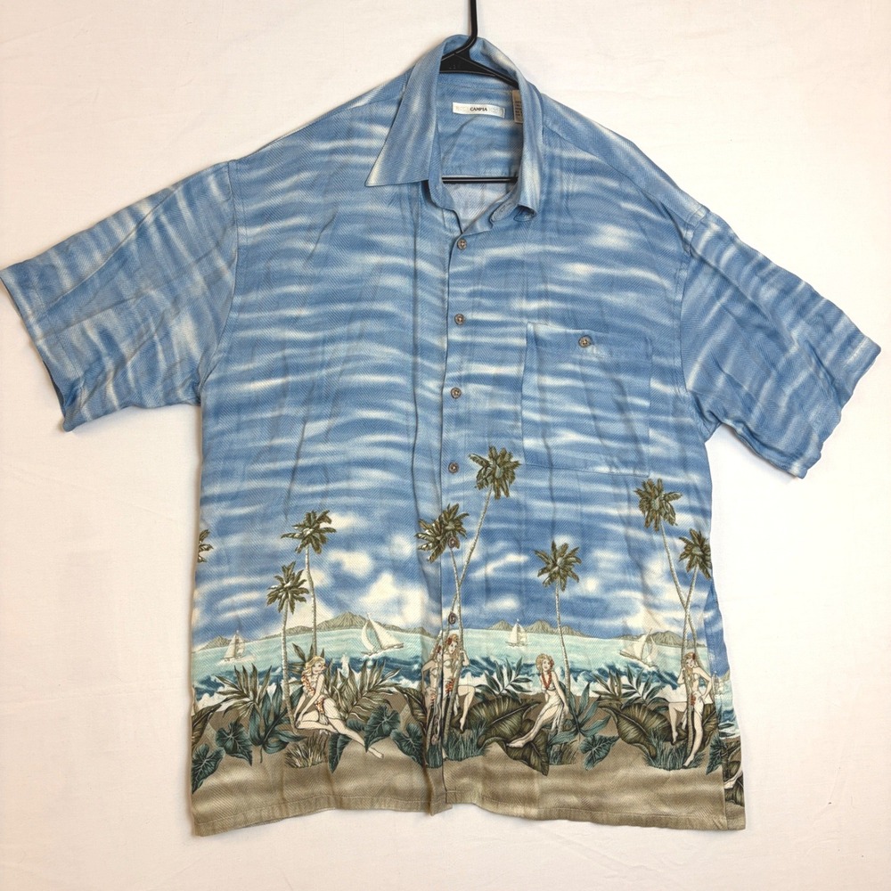 Campia Moda Mens Large Blue Tropical Hula Girl Rayon Hawaiian Button Down Shirt